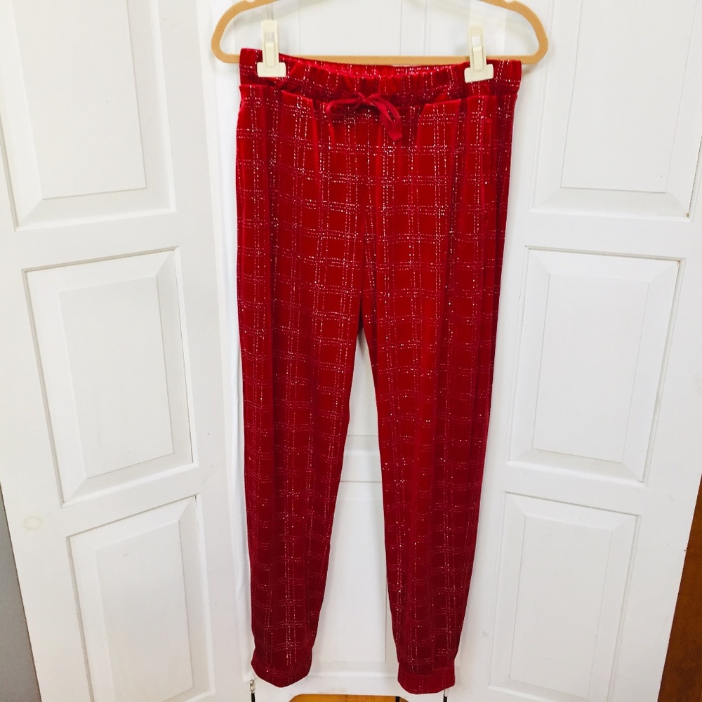 Tezenis Red Velvet and Metallic Silver Plaid Holiday Pull-on Pants